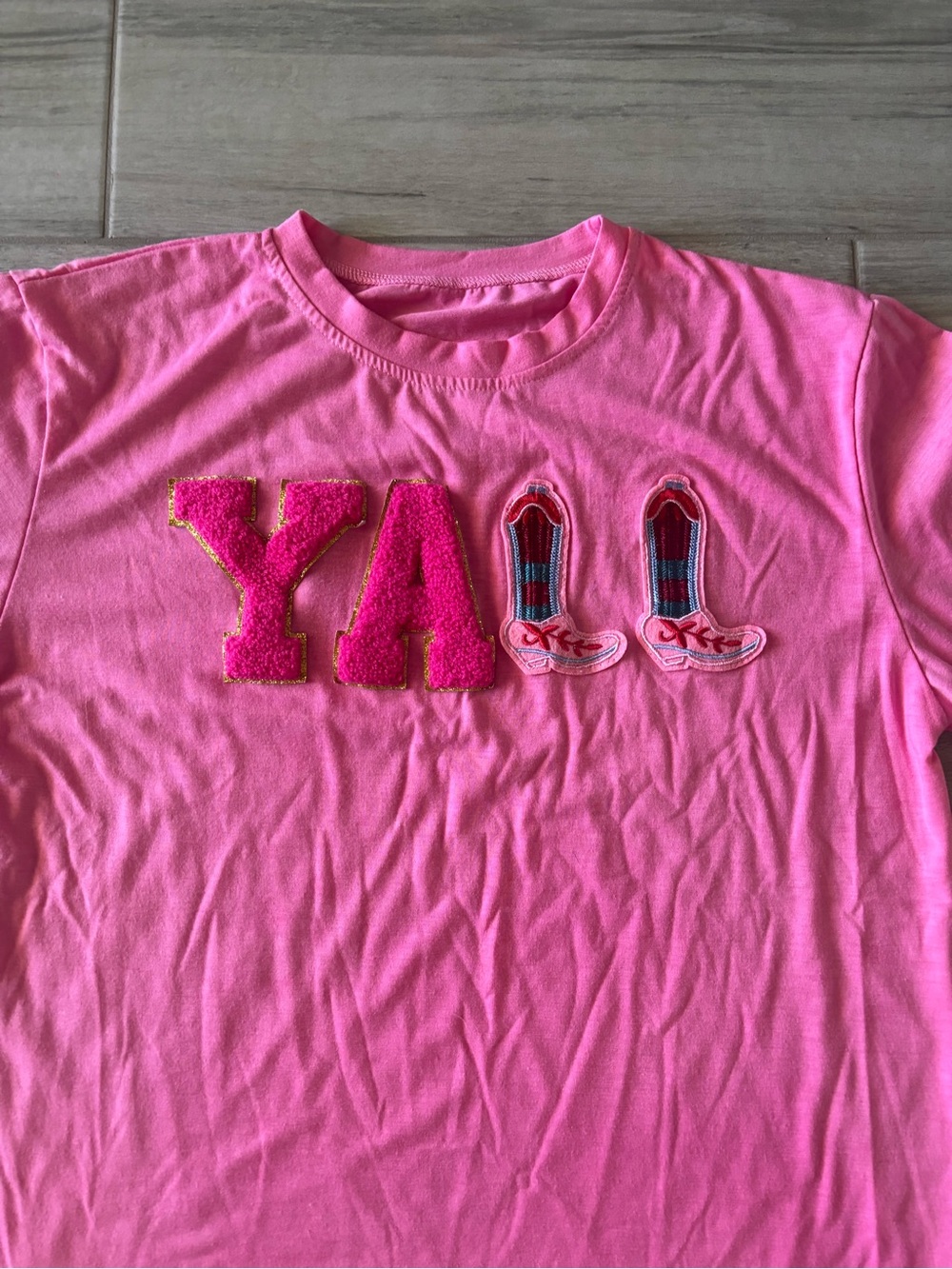 Pink "Yall" with Varsity Letters and Cowboy Boot Details, Medium, New